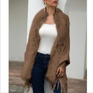 Fur Trimmed Sweater Poncho Shawl